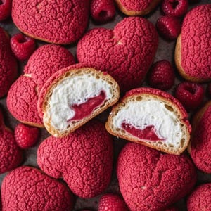 Peut inclure: Des pâtisseries en forme de cœur avec une surface rouge vif texturée, présentées sur un plateau sombre avec des framboises fraîches. Une pâtisserie est coupée, révélant une crème blanche et de la confiture rouge.
