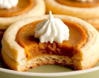May include: Close-up of pumpkin pie cookies on a green plate. The cookies have a golden-brown crust, a pumpkin filling, and a dollop of whipped cream. One cookie has a bite taken out of it.