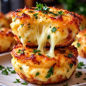 Könnte beinhalten: Zwei gestapelte, goldbraune Kartoffelpuffer mit knuspriger Kruste und einem Kern aus geschmolzenem Käse. Fäden aus geschmolzenem Käse ziehen sich zwischen den beiden Puffern. Das Gericht ist mit frischen grünen Petersilienblättern garniert.