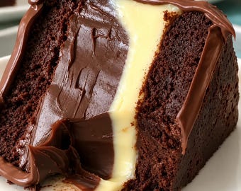 Puede incluir: Una porción de pastel de chocolate oscuro con una textura de miga densa y porosa, cubierta con una capa gruesa de glaseado de chocolate con leche suave y rellena con un centro vertical cremoso de color amarillo pálido.