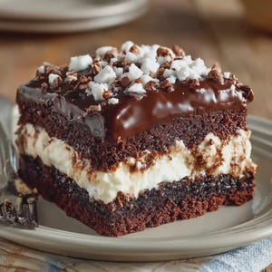 May include: A square slice of chocolate cake with a creamy white filling and a rich chocolate glaze. The cake is topped with white and brown sprinkles, served on a light gray plate.