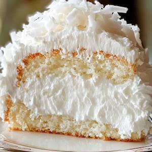 May include: A slice of coconut cake with layers of light yellow cake and thick white frosting. The top is generously sprinkled with shredded coconut. The cake sits on a decorative plate with a fork visible in the background.