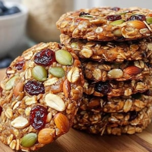 Puede incluir: Una pila de seis galletas redondas y texturizadas con avena, nueces, semillas y arándanos secos visibles. Las galletas son de color marrón y beige, con semillas de calabaza verdes y varias nueces. Sobre una superficie de madera.