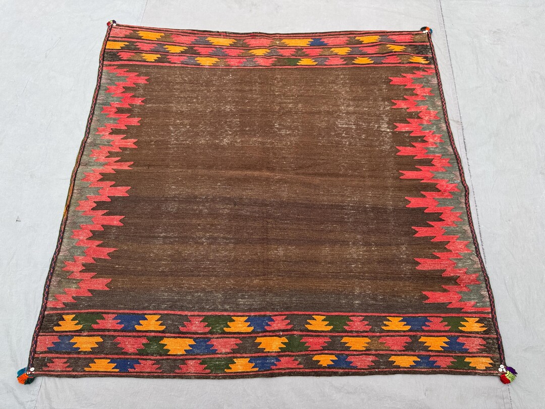 Kilim Rugs Border Vintage Afghan Kilim Rug 4x5 Ft Square Brown Tribal Geometric Border ...
