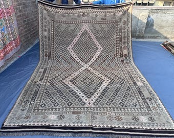 Afghanischer Kelim Teppich 2,7 x 3,5 m Flachgewebe Terrakotta Braun Verblasst Geometrische Tribal Wolle Boho Wohnzimmer Teppich Schlafzimmer Teppich