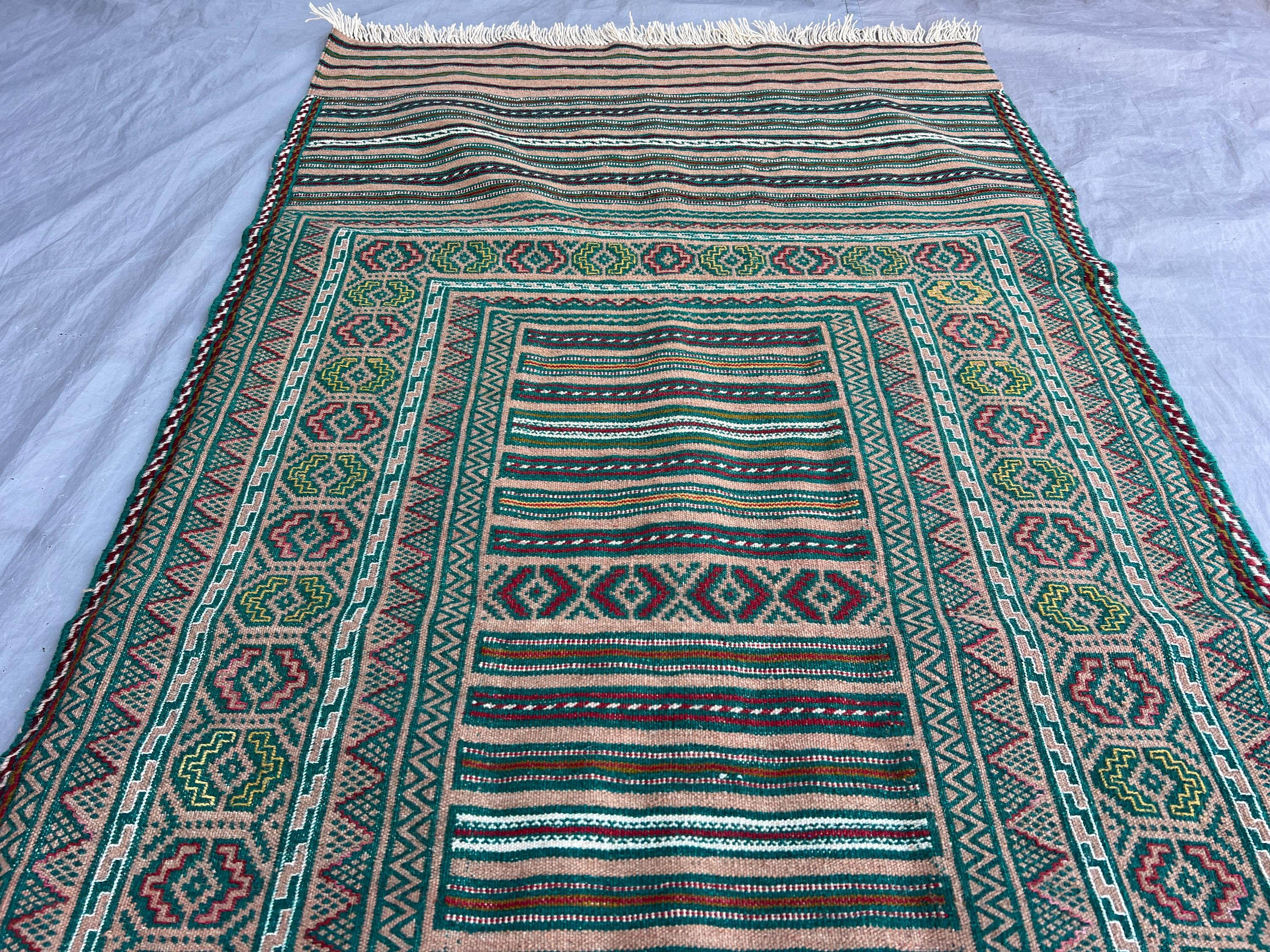 Vintage Afghan Sumac Kilim 3 X 12 Ft Hand-knotted Flat Weave Rug, Green ...