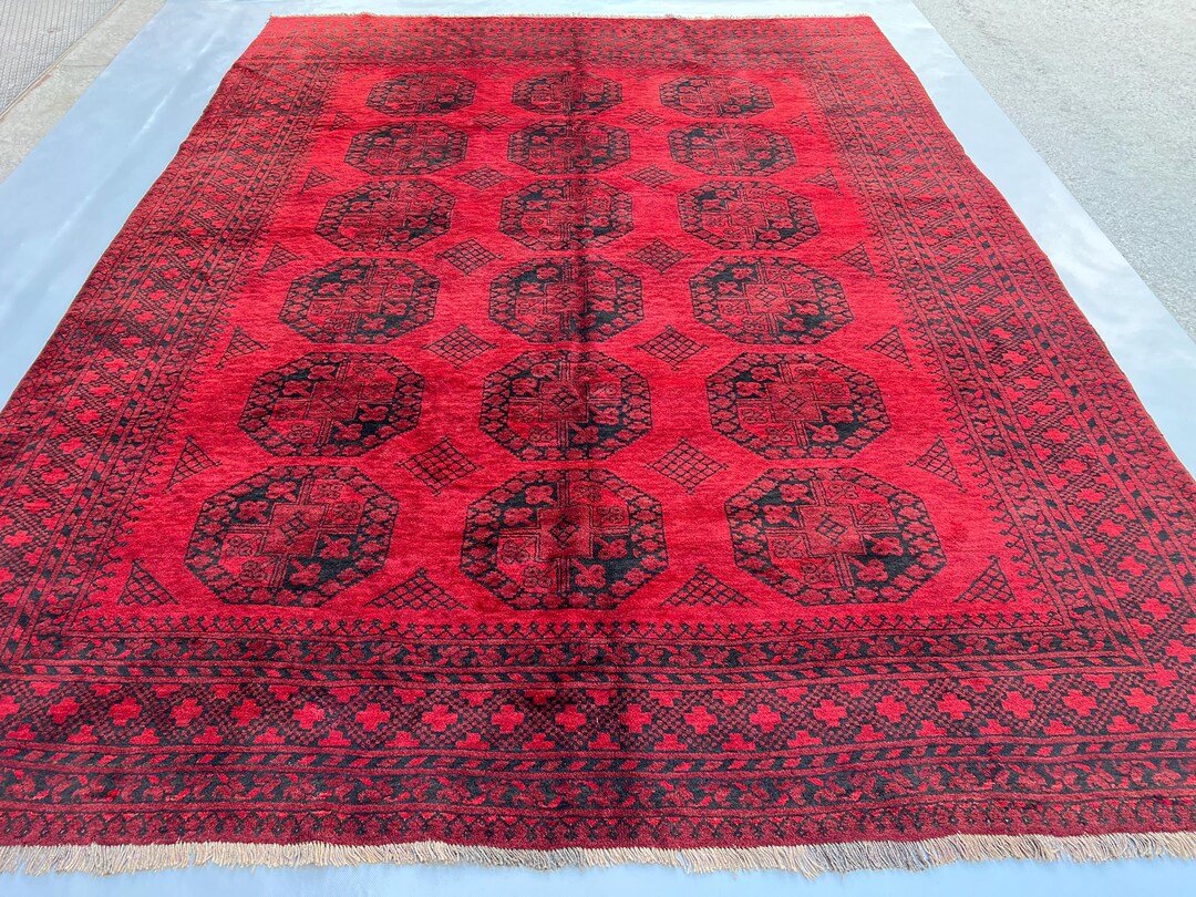 Vintage Afghan Turkmen Red Wool Rug 8x10 Ft Hand Knotted Elephant Foot ...