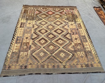 7 x 9 ft Handmade Afghan Terracotta Kilim Rug | Flat Weave Tribal Geometric Carpet | Boho Farmhouse Living Room Decor Rug Bedroom Rug