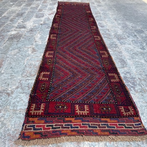 2x8.7 ft Afghan Mishwani Baluch Hallway Runner Rug, Terracotta Faded Wool, Vintage Decor Hallway runner rug Kitchen Runner rug Narrow Rug