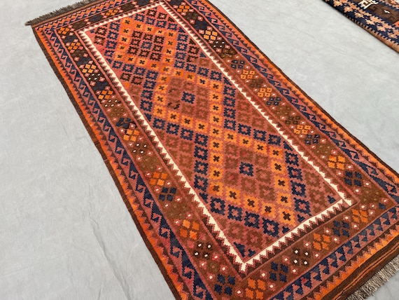 Vintage Handmade Afghan Kilim 3.3x6.6ft Faded Terracotta Peach