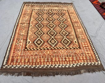 2,5x2,5m Vintage Afghan Kelim Teppich, Handgewebtes Flachgewebe, Terrakotta Geometrischer Teppich, Teppich Wohnzimmer Schlafzimmer
