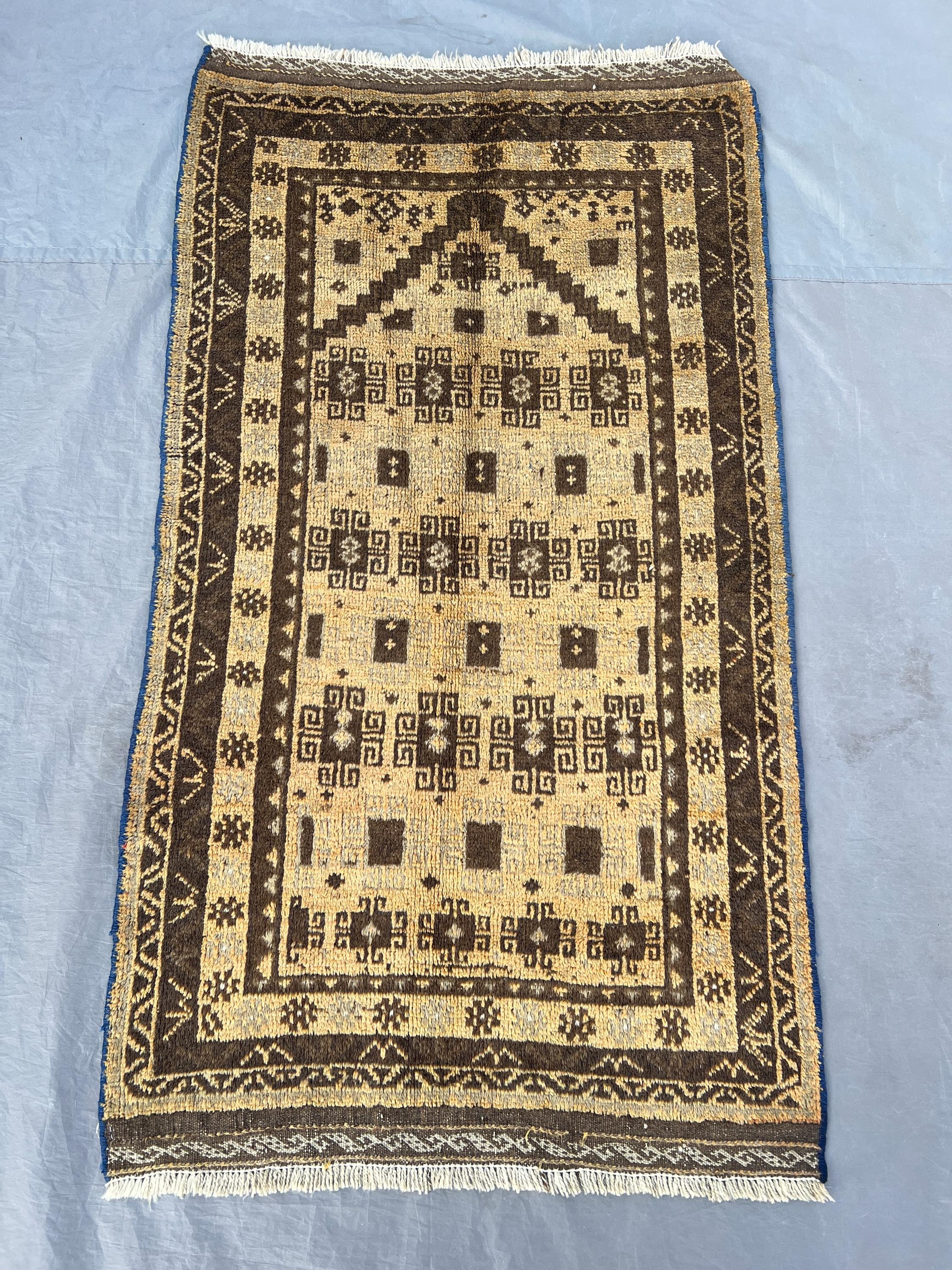 Vintage Afghan Baluchi Taymani Rug 2.5x4.5ft Beige Brown Cream Handmade ...
