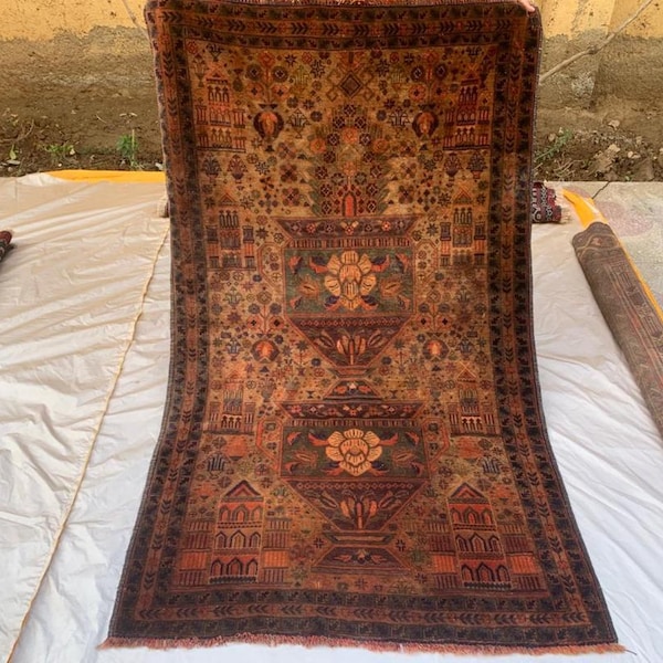 Handknotted Afghan Rug, 3.2X5.4 ft, Vintage Terracotta Faded Design, Camel Hair Wool, Small Rug, Decorative Area Rug Living Room Bedroom