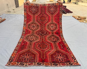 Handmade Afghan Wool Rug 4.5x7.3 ft Vintage Tribal Red Carpet, New Boho Living Room Area Rug, One-of-a-Kind Geometric Design