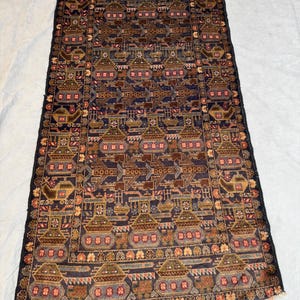 Vintage Afghan War Rug 3.5x6.5 Baluch Tribal Carpet Pictorial Design Living Room Bedroom Collectible Historical Artifact Kitchen Rug