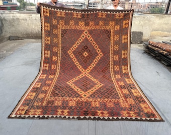 7.0 x 9.4 Afghan Handmade Antique Wool Kilim Rug, Tribal Large Area Carpet with Geometric Diamond Pattern, One-of-a-Kind Vintage Boho Decor