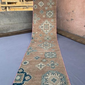 2.5x10.6 Antique Afghan Runner Rug, Hand Knotted Wool Carpet, Faded Terracotta Hallway Rug, Distressed Narrow Kitchen Entryway Runner Decor.
