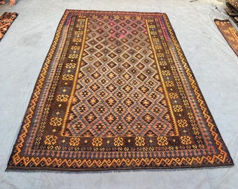 6,6 x 10 ft handgemachter afghanischer Terrakotta Kelim Teppich | Flachgewebe Tribal Geometrischer Teppich | Vintage Boho Wohnzimmer Dekor Wollteppich disteressed