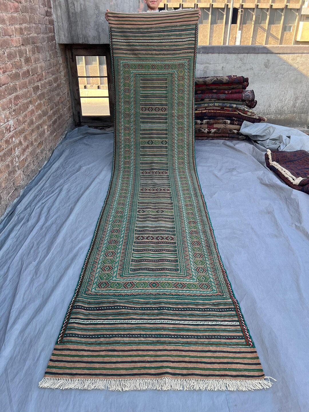 Vintage Afghan Sumac Kilim 3 X 12 Ft Hand-knotted Flat Weave Rug, Green ...