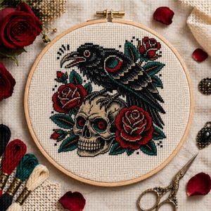 Cross Stitch Pattern Gothic Raven Skull and Rose Art PDF