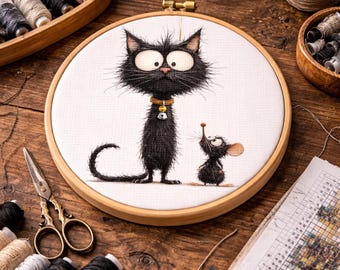 Cross Stitch Pattern Big Eyed Black Cat, Mouse Friend PDF Pattern