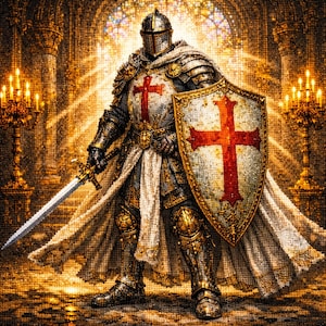 Peut inclure: Illustration détaillée d'un chevalier en armure complète, tenant une épée et un bouclier. L'armure du chevalier est argentée et dorée, avec une croix rouge sur la poitrine et le bouclier. L'arrière-plan présente un vitrail et des colonnes ornées.