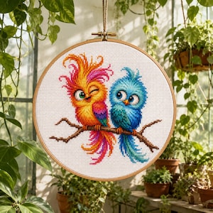 May include: A circular wooden embroidery hoop containing a cross-stitch pattern of two birds perched on a brown branch. The left bird is orange, yellow, and pink with a winking eye. The right bird is blue with large eyes. The background is white.