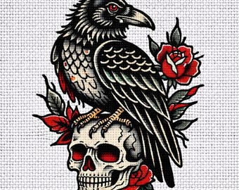 Cross Stitch Pattern Raven Skull with Roses Gothic PDF