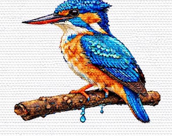 Cross Stitch Pattern Blue Kingfisher on Branch PDF