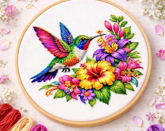 Cross Stitch Pattern Hummingbird and Tropical Flowers PDF