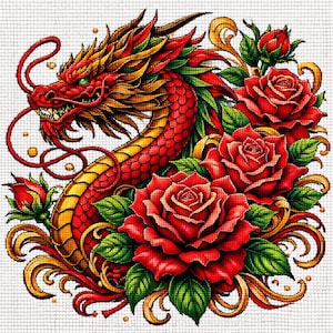 May include: A cross-stitch design depicting a red dragon with yellow and gold detailing, encircled by red roses and green foliage. The dragon has green eyes and detailed scales, set against a white backdrop.