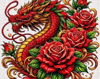 Cross Stitch Pattern Asian Red Dragon and Roses PDF