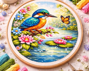 Cross Stitch Pattern Kingfisher at Water Lily Pond PDF