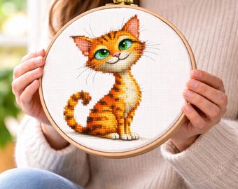 Cross Stitch Pattern Striped Ginger Cat, Whimsical Orange Kitty PDF