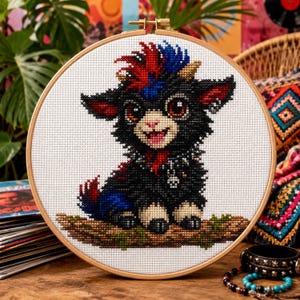 May include: A cross-stitch embroidery in a round wooden hoop featuring a black creature with large brown eyes, a red and blue mohawk, and a spiked collar with a skull charm. The creature sits on a brown textured branch against a white fabric.