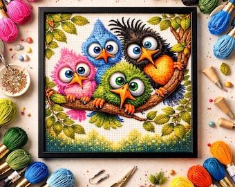 Cross Stitch Pattern Funny Colorful Birds PDF