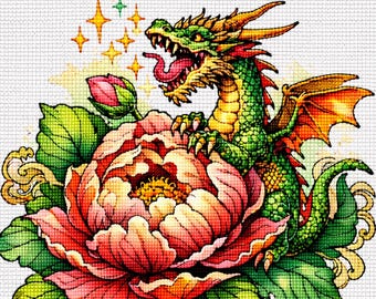 Cross Stitch Pattern Baby Dragon in Peony Flower PDF