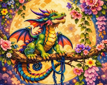 Cross Stitch Pattern Floral Moon Dragon PDF
