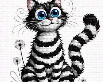 Cross Stitch Pattern Big Eyed Cat, Black White Striped Kitty PDF