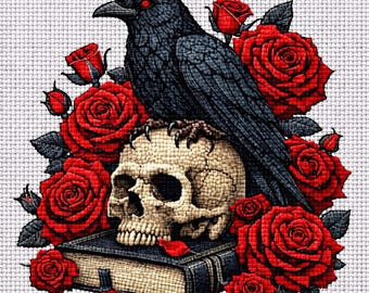 Cross Stitch Pattern Gothic Raven with Skull and Roses PDF