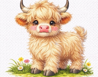 Cross Stitch Pattern Fluffy Baby Cow, Highland Calf PDF Pattern