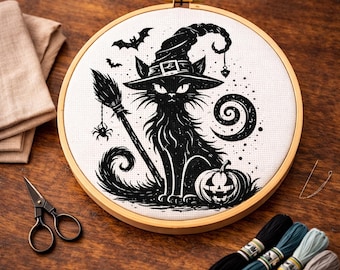 Cross Stitch Pattern Halloween Witch Cat PDF