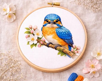 Cross Stitch Pattern Kingfisher on Blossom Branch PDF