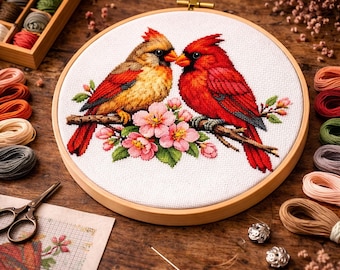 Cross Stitch Pattern Cardinal Pair, Red Birds on Blossom Branch PDF