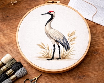 Cross Stitch Pattern Red Crowned Crane, Elegant Bird PDF Pattern, Minimal Nature Embroidery