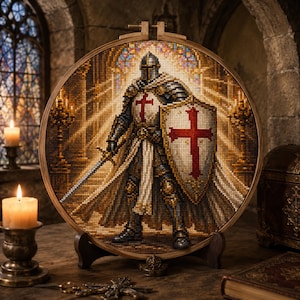 May include: A circular embroidery hoop containing a cross-stitched image of a medieval knight in full armour, holding a sword and a shield with a red cross. The knight wears a white surcoat with a red cross emblem, set against a golden background.