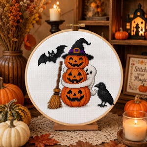 Kreuzstich-Muster, Halloween Kürbis Stapel mit Geist PDF