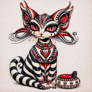 May include: An intricate illustration of a cat with a unique design. The cat features elaborate red, black, and white patterns, large ears, and a jeweled collar. It is positioned next to a decorative bowl. The cat's eyes are a bright pink, adding to its distinctive appearance.