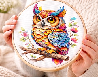 Cross Stitch Pattern Whimsical Colorful Owl, Bird on Branch PDF