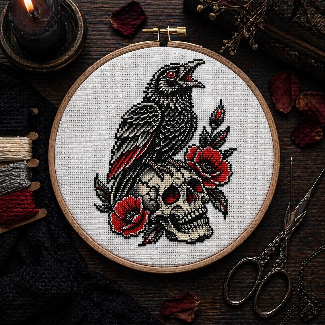 Cross Stitch Pattern Gothic Raven Skull and Poppy Flowers PDF - Etsy